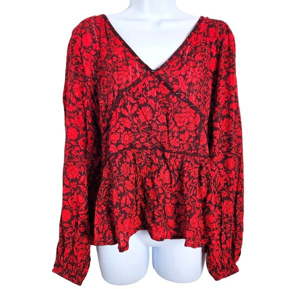 Knox Rose Womens XL Red Floral Peplum Blouse Smocked Waist & Long Sleeves - Picture 3 of 12